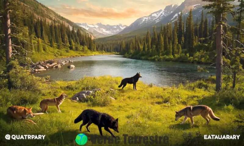 Infografía ilustrativa de consumidores cuaternarios en un ecosistema, mostrando depredadores como lobos, águilas y felinos en un bosque y pradera vibrantes