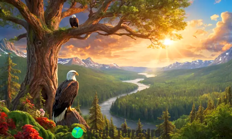 Águila majestuosa en un árbol sobre un bosque vibrante con ciervos y conejos, resaltando su papel como depredador
