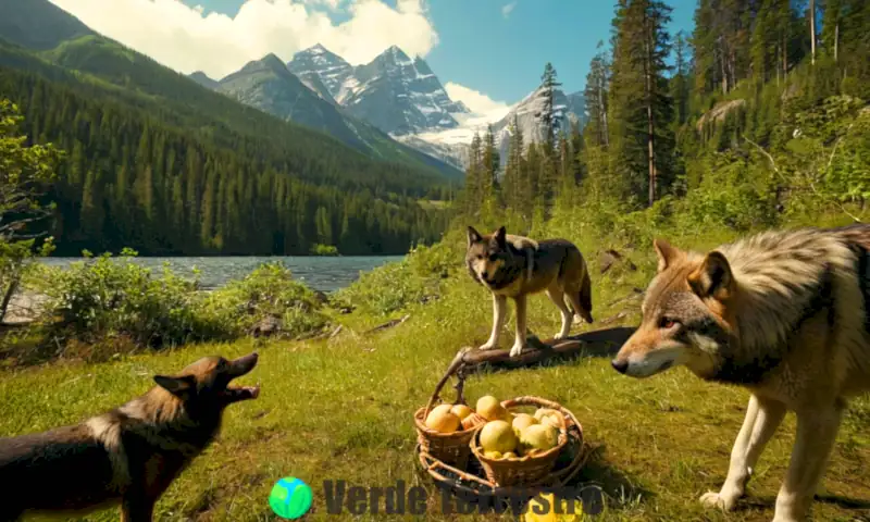 Animales como lobos, águilas y tiburones en un entorno ecológico que representa una cadena alimentaria, rodeados de bosques, océanos y montañas