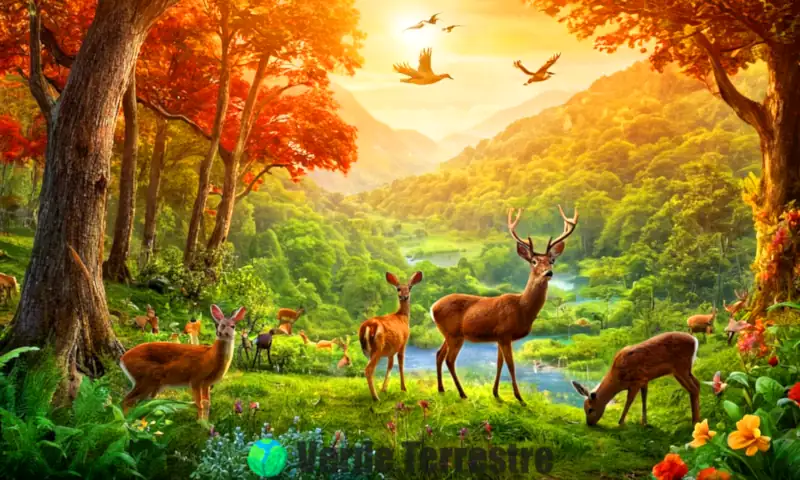 Ilustración de consumidores primarios en un ecosistema, mostrando ciervos y conejos pastando en un bosque verde y vibrante
