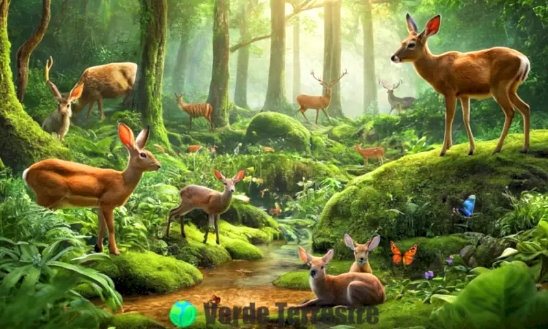 Ilustración de herbívoros como conejos y ciervos en un bosque verde, destacando la interacción de la fauna y la flora