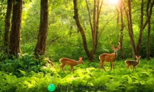 Escena de un bosque verde con conejos