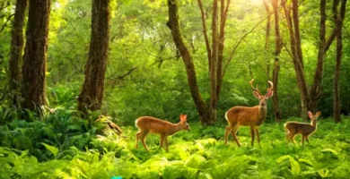 Escena de un bosque verde con conejos