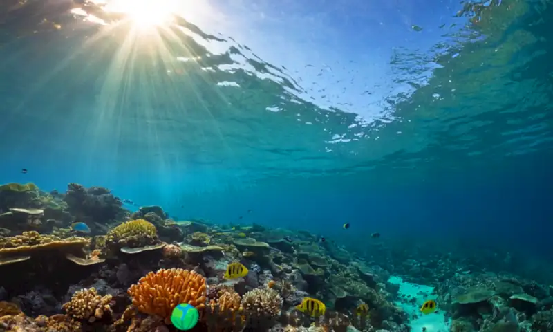 Escena submarina que muestra un arrecife de coral dañado por la contaminación térmica, con vida marina estresada cerca de una tubería de desagüe