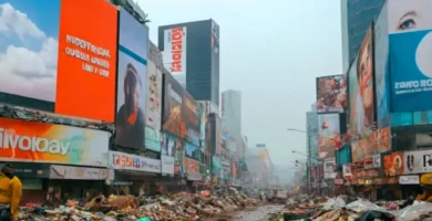 Ciudad sobrecargada de anuncios y residuos