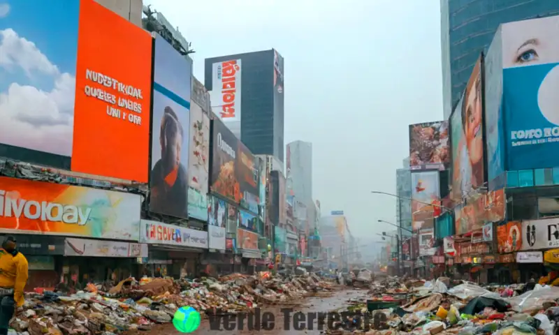 Ciudad sobrecargada de anuncios y residuos