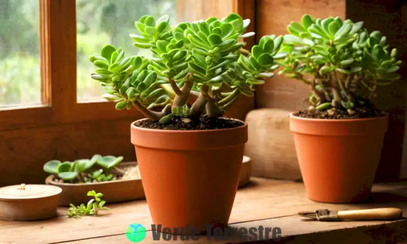 Suculenta Crassula perforata en una maceta sobre una mesa de madera, iluminada por luz natural y acompañada de herramientas de jardinería