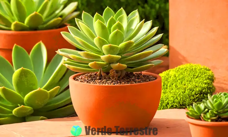 Ilustración de una suculenta Crassula perforata en una maceta de terracota, rodeada de un jardín soleado con pequeños insectos