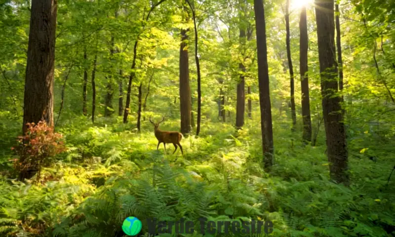 Bosque templado vibrante con árboles, flores coloridas y animales como ciervos, ardillas y aves