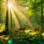 Bosque templado encantador con ciervos