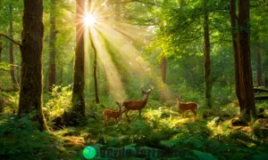 Bosque templado encantador con ciervos