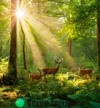 Bosque templado encantador con ciervos