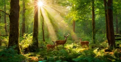 Bosque templado encantador con ciervos