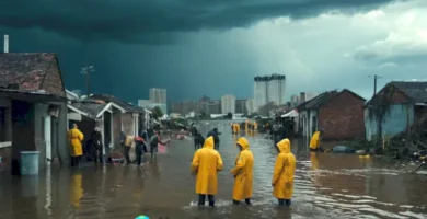 Grupo de personas en chubasqueros ayudándose tras una inundación