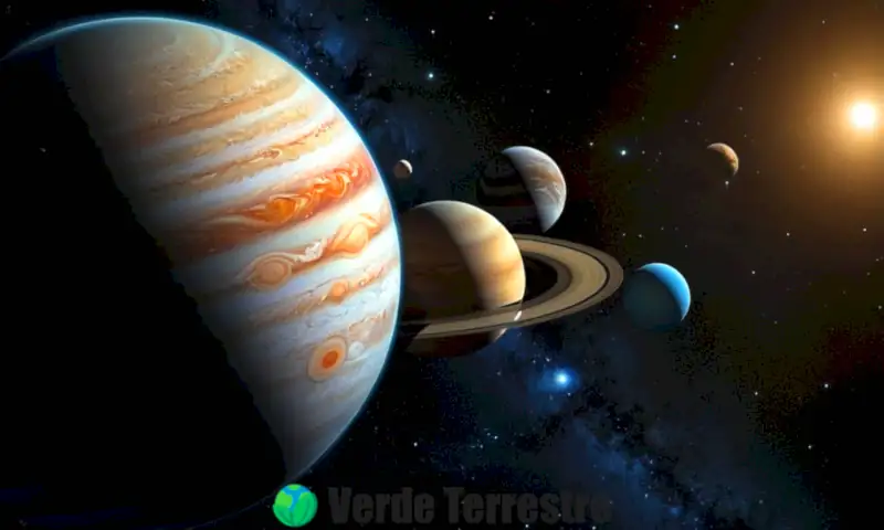 Representación artística de los planetas exteriores del sistema solar, con detalles de Júpiter, Saturno, Urano y Neptuno en un fondo estrellado