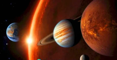 Ilustración del Sistema Solar con los planetas terrestres en primer plano y los gigantes gaseosos en el fondo