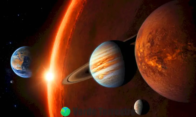 Ilustración del Sistema Solar con los planetas terrestres en primer plano y los gigantes gaseosos en el fondo