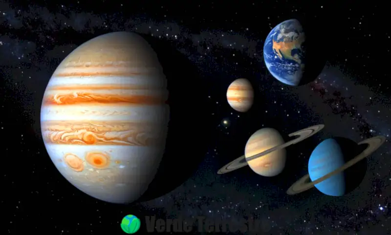 Planetas exteriores del sistema solar: Júpiter, Saturno, Urano y Neptuno sobre un fondo cósmico estrellado