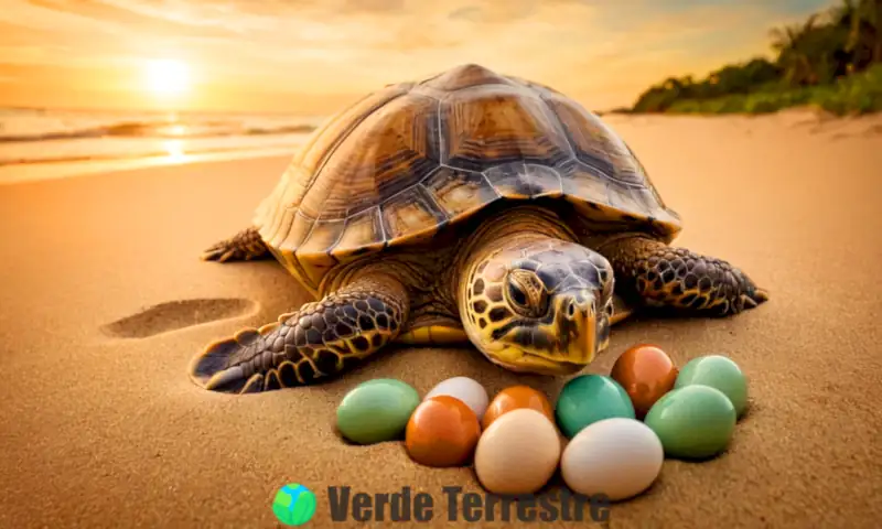 Tortuga poniendo huevos en una playa de arena al amanecer, con un océano sereno de fondo