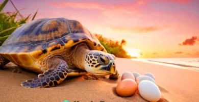 Tortuga marina poniendo huevos en la playa al atardecer