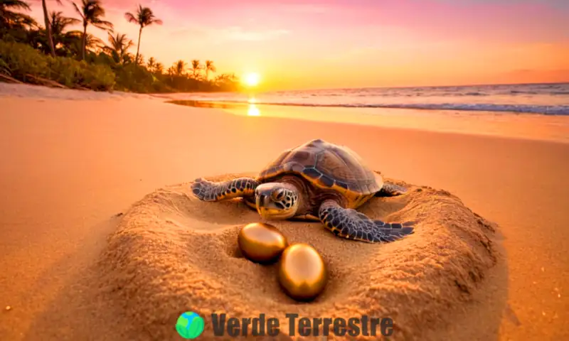 Tortuga marina anidando en la arena de una playa al atardecer, rodeada de huevos dorados y suaves olas