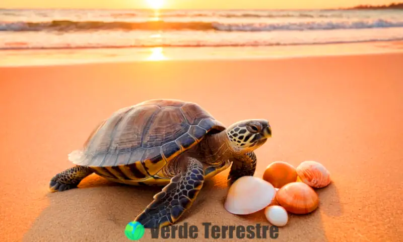 Tortuga poniendo huevos en una playa de arena al amanecer, rodeada de conchas marinas y olas suaves