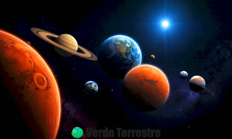 Representación artística del sistema solar con los ocho planetas en un entorno cósmico vibrante