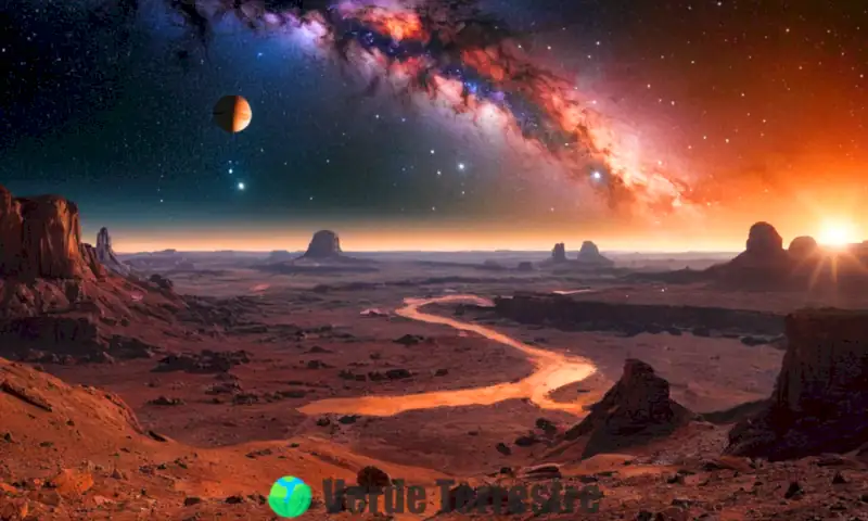 Paisaje cósmico con varios planetas del sistema solar, estrellas brillantes y galaxias en un fondo vibrante