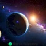 Una representación del Sistema Solar con el Sol y los ocho planetas en un fondo cósmico azul y púrpura