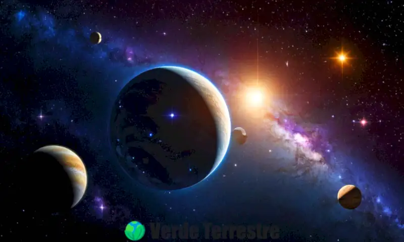 Una representación del Sistema Solar con el Sol y los ocho planetas en un fondo cósmico azul y púrpura