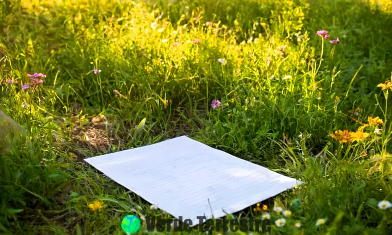 Un papel deteriorado en un entorno natural, rodeado de hierba verde y flores silvestres, con un arroyo sereno al fondo