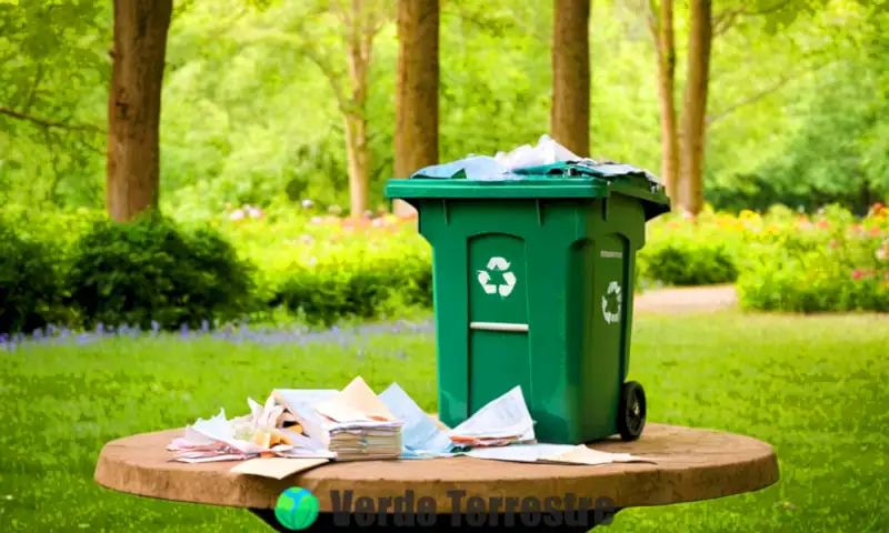 Imagen que muestra papel reciclado junto a un contenedor de reciclaje en un parque, con un reloj de arena que simboliza la descomposición del papel