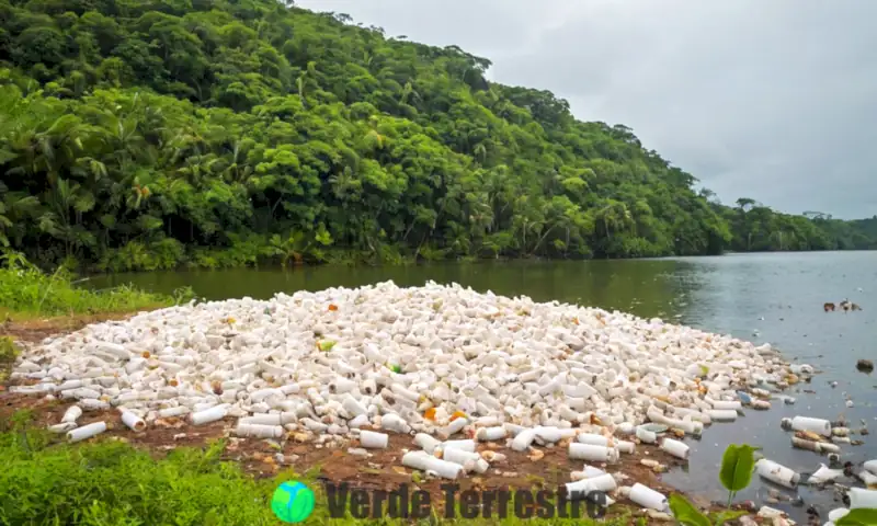 Desobediencia visual del unicel en un entorno natural, rodeado de fauna y un cuerpo de agua contaminado