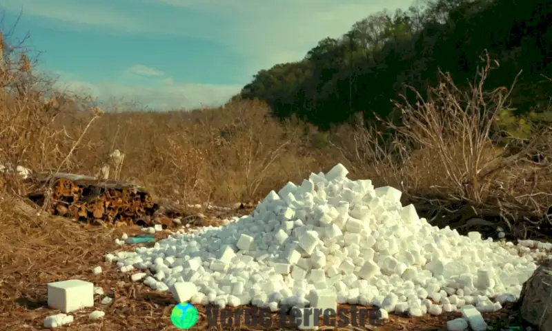 Un gran trozo de poliestireno en un paisaje natural contaminado, rodeado de plantas y animales muertos, con un reloj que simboliza su lenta degradación