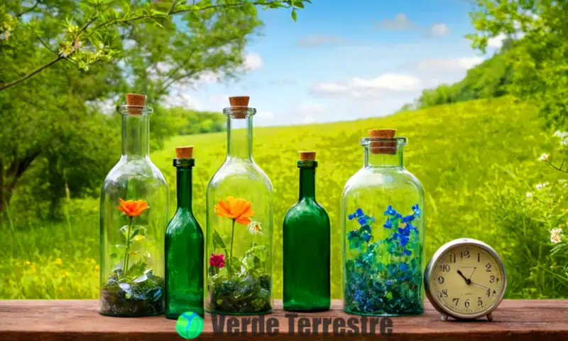 Representación artística del reciclaje de vidrio, con frascos rotos transformándose en nuevos objetos en un paisaje verde y florido, incluyendo un reloj y un símbolo de reciclaje