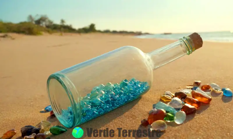 Botella de vidrio enterrada en la arena, rodeada de fragmentos de vidrio reciclado, con un fondo que ilustra la historia de la producción y reciclaje del vidrio
