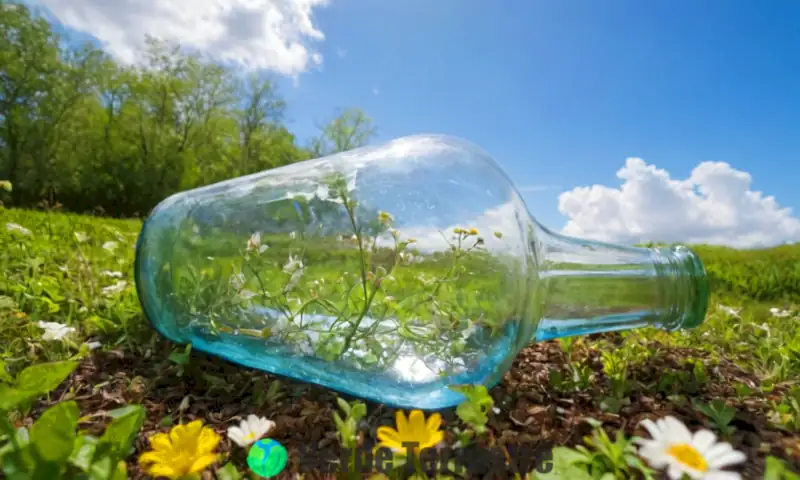 Botella de vidrio rota hundiéndose en un paisaje verde