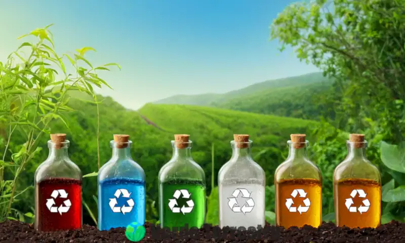Ilustración realista que muestra una línea de tiempo de la degradación del vidrio con botellas rotas y un símbolo de reciclaje en un entorno natural