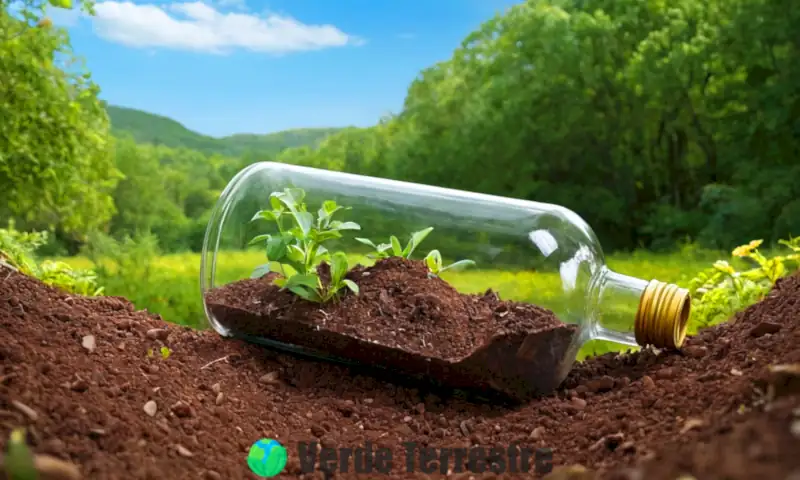 Botella de vidrio rota en la tierra rodeada de materiales reciclables, con un paisaje verde y cielo azul al fondo