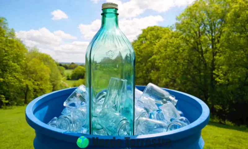 Imagen de un bote de reciclaje lleno de vidrio roto y botellas, con un parque soleado y un cielo azul de fondo, acompañado del texto