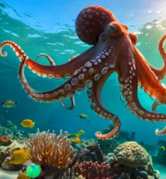 Pulpo curioso con tres cerebros y un corazón explora un colorido arrecife de coral