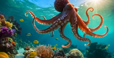 Pulpo curioso con tres cerebros y un corazón explora un colorido arrecife de coral