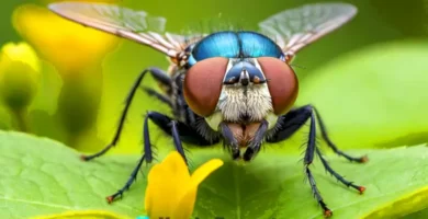 Ilustración realista de una mosca con detalles de sus ojos compuestos y alas