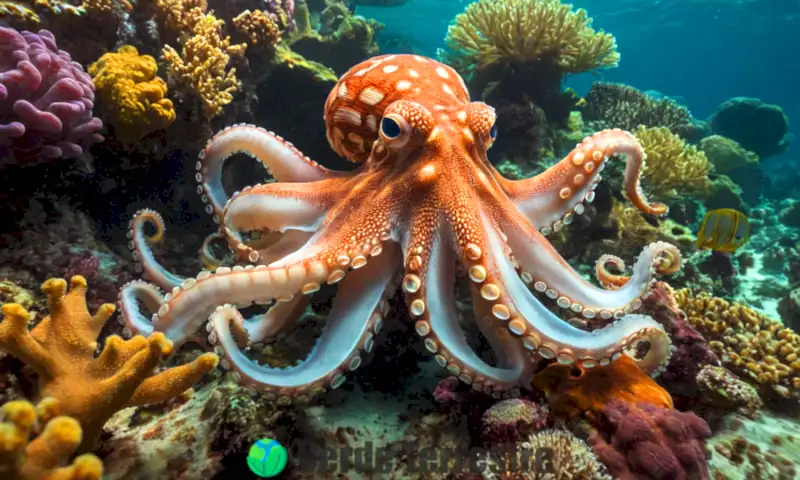 Pulpo mimetizándose entre corales coloridos en un entorno marino vibrante con luz filtrada