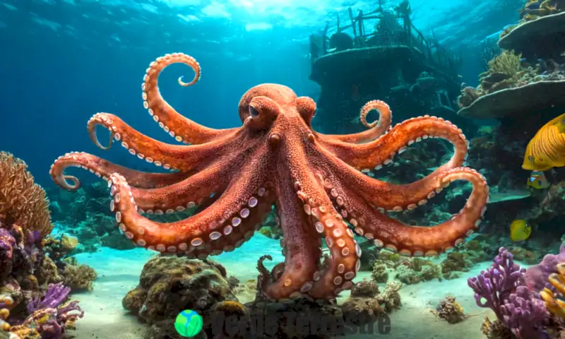 Pulpo de ocho tentáculos nadando entre coloridos corales y vida marina, iluminado por rayos de luz en un ambiente subacuático mágico