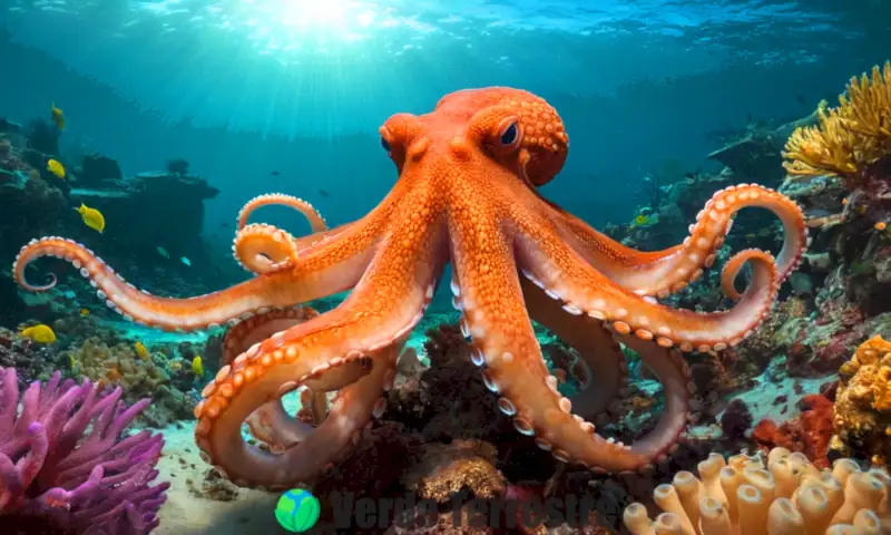 Octópodo realista nadando entre coloridos corales con tentáculos detallados y vida marina diversa