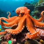 Octopus realista en el centro de un vibrante paisaje submarino rodeado de corales y peces pequeños