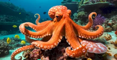 Octopus realista en el centro de un vibrante paisaje submarino rodeado de corales y peces pequeños
