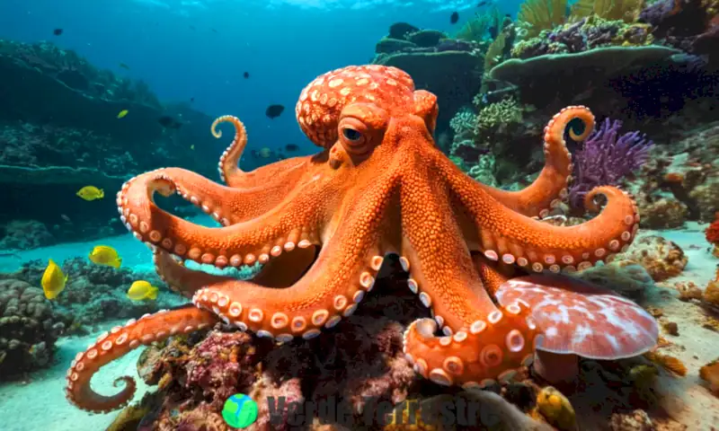 Octopus realista en el centro de un vibrante paisaje submarino rodeado de corales y peces pequeños