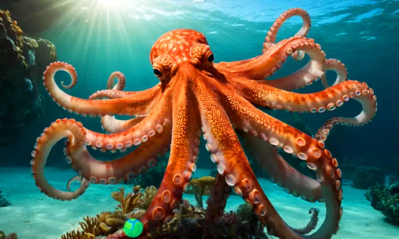 Pulpo con ocho tentáculos en un entorno marino vibrante, mostrando su textura de piel y ojos expresivos
